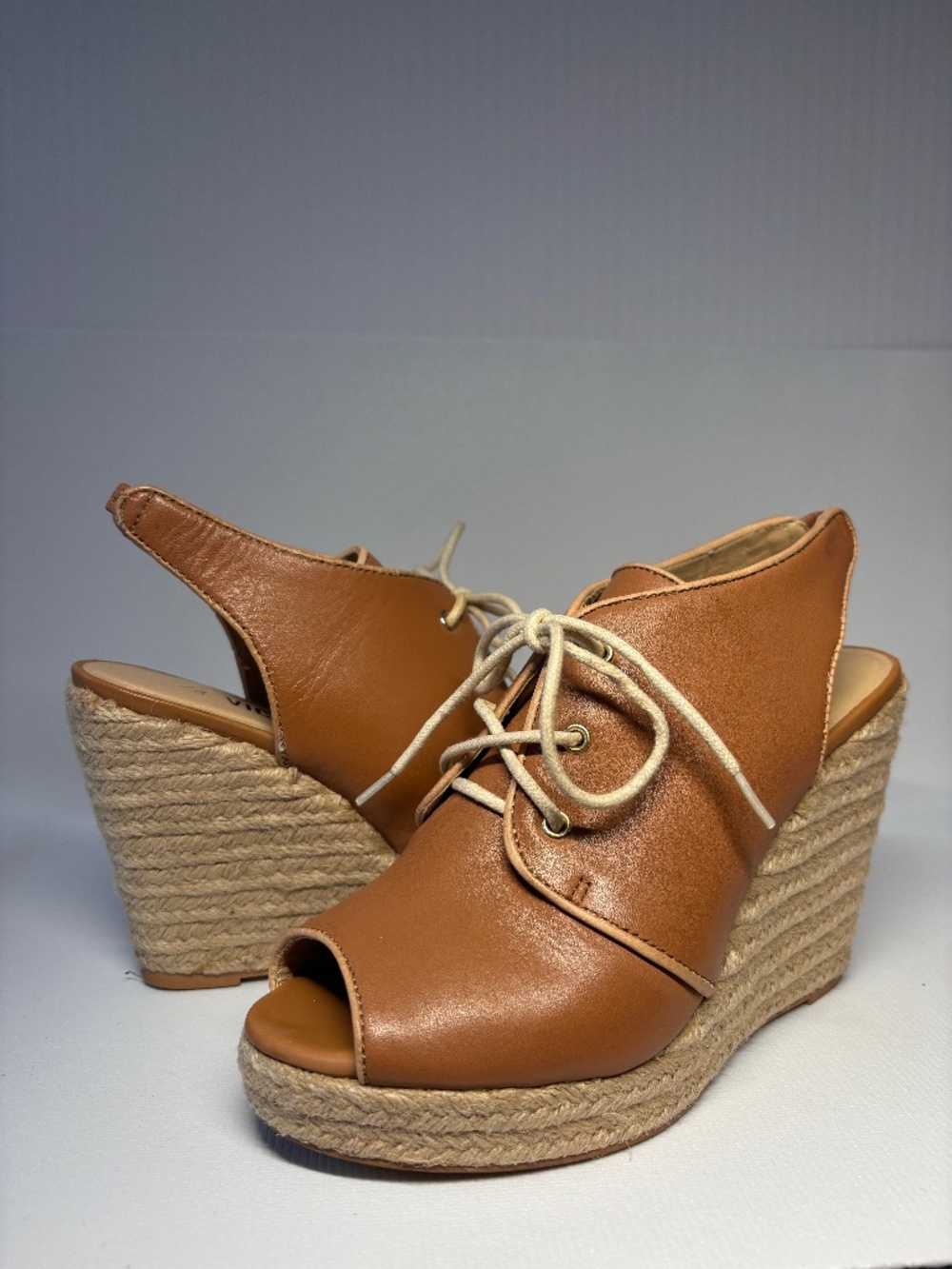 La Victoire Tan Leather Lace-Up Espadrille Wedge Sandals Peep Toe Slingback S6